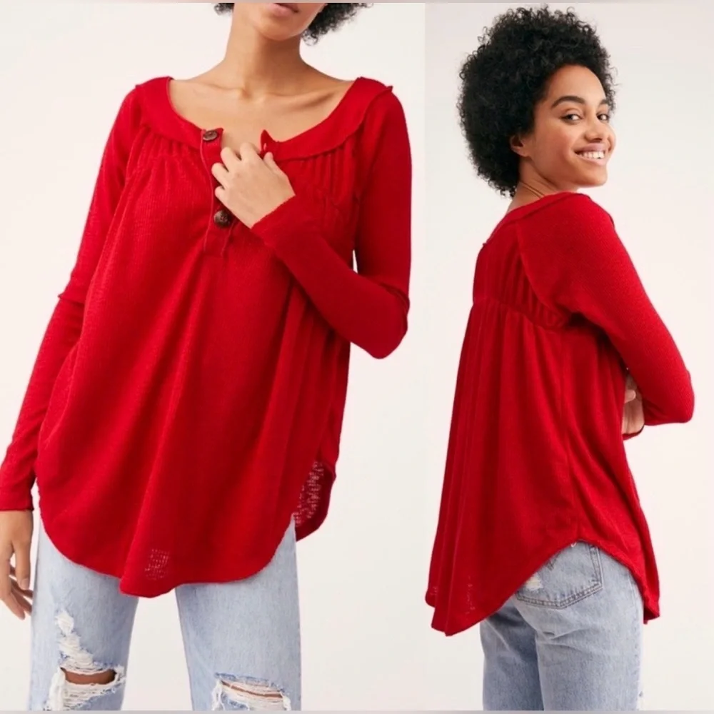 Free People Red Must Have Henley‎ Thermal Top